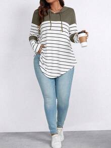 EMERY ROSE Plus Size Color Block Striped Hooded Casual T-Shirt Graphic Tees Women Tops - Army Green - View 4
