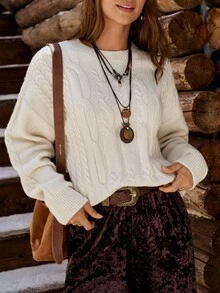 SHEIN LUNE Women's Solid Color Western Casual Sweater, LanaWest - Beige - View 4