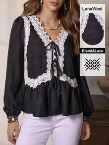 LanaWest Women's Bohemian Style Black V-Neck Lace Patchwork Unique Design Front Tie Decor Loose Cuff Long Sleeve Blouse - Black - View 1