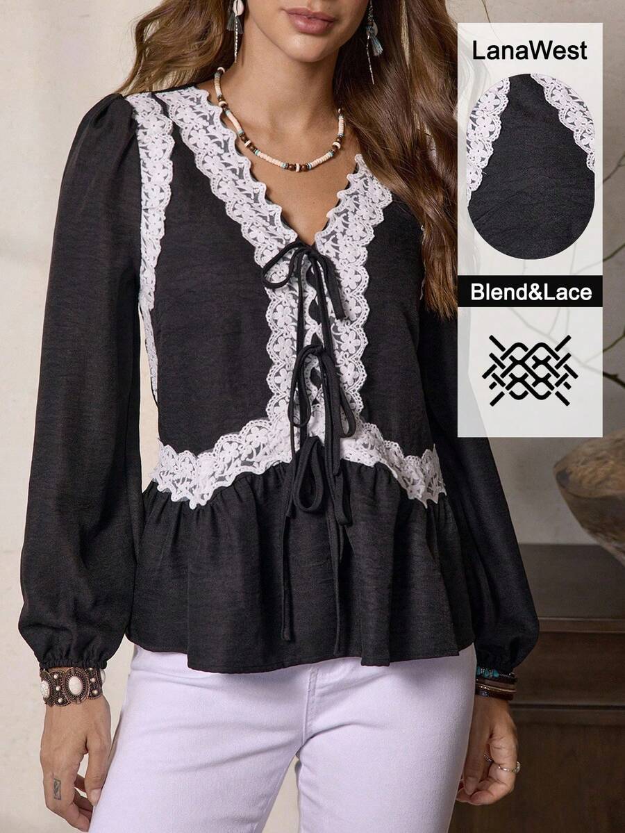 LanaWest Women's Bohemian Style Black V-Neck Lace Patchwork Unique Design Front Tie Decor Loose Cuff Long Sleeve Blouse - Black - View 1