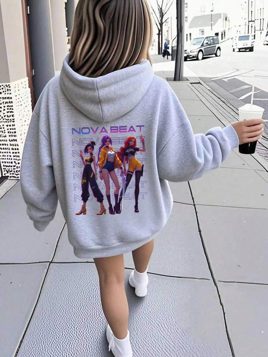 Sparklyn Young Girl Casual K-POP Cartoon Girl Print Hooded Sweatshirt, Fashionable Street Style Pullover Sweatshirt Suitable For Autumn/Winter Outfits - Grey - View 1