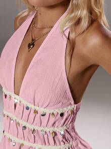 TRNVIE 女式休闲度假杏色露背深 V 流苏贝壳串珠纹理褶饰荷叶边露背海滩度假吊带背心，适合秋冬季亮片装饰派对分层上衣 - 粉色 - 查看 4