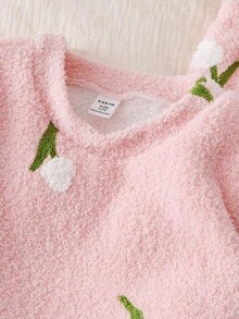 2pcs Girls Cute & Elegant Floral Embroidery Crew Neck Long Sleeve Top And Pants Homewear Set Fall Winter