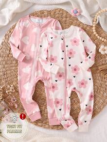 2pcs Baby Girls' Floral Print Long Sleeve Jumpsuit & Bodysuit Set, Snug Fit Baby Casual Zipper Romper Baby Girl Pajamas Zipper Baby Girl Sleep Wear - Pink - View 6