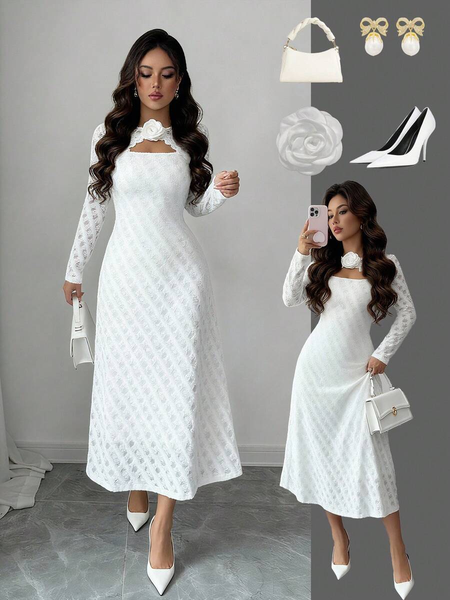 Elenzga Elegant Romantic Solid Color Waist Cinched Long Sleeve Women's Long Dresses