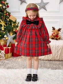 SHEIN Emery Rose Kids 年轻女孩格子印花荷叶边蝴蝶结前开襟连衣裙，适合圣诞节、长袖修身优雅休闲连衣裙、感恩节、休闲郊游 - 紅色 - 查看 6