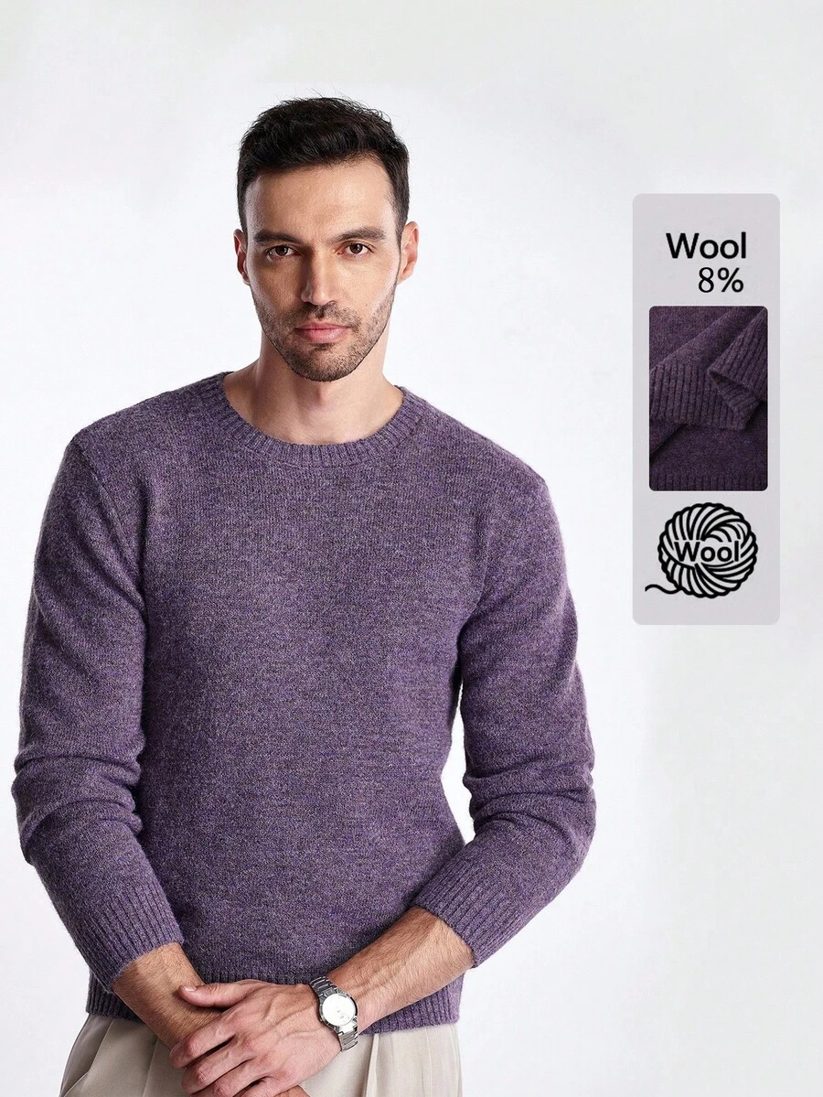 Manfinity CityGents 男士休闲简约圆领长袖毛衣，日常穿着，秋冬 - 紫色 - 查看 1