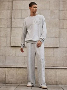 Mainfolk Men's Letter Applique Crew Neck Long Sleeve Sweatshirt And Pants Set, Autumn, For Fall Winter, Cozy Outfits - Light Grey - View 4