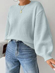 EMERY ROSE Loose Round-Neck Lantern Sleeveharmony Drop Shoulderknitted Sweater - Baby Blue - View 4