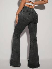 SHEIN ICON 女式高腰水钻口袋喇叭腿休闲牛仔裤 - 黑色 - 查看 2