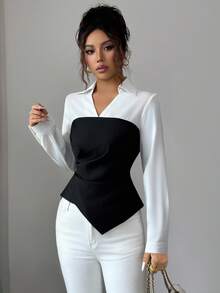 SHEIN Elenzya 女士优雅领口 V 领褶皱纽扣不对称下摆黑白撞色长袖衬衫，适合女性聚会、日常生活、通勤、工作、办公室、秋冬季 - 黑與白 - 查看 4