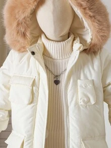 少女加厚连帽棉衣，仿毛领，口袋，拉链开合，秋冬 - 杏色 - 查看 6