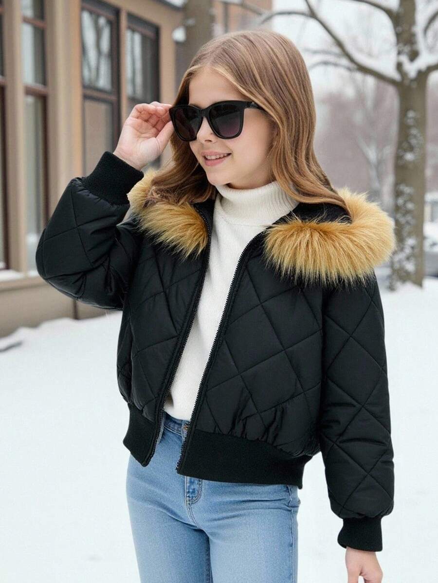 Tween Girls' Casual All-Match Versatile Daily Ribbed Collar Diamond Pattern Waist Fitted Short Padded Coat, Autumn/Winter Fall - Black - View 1