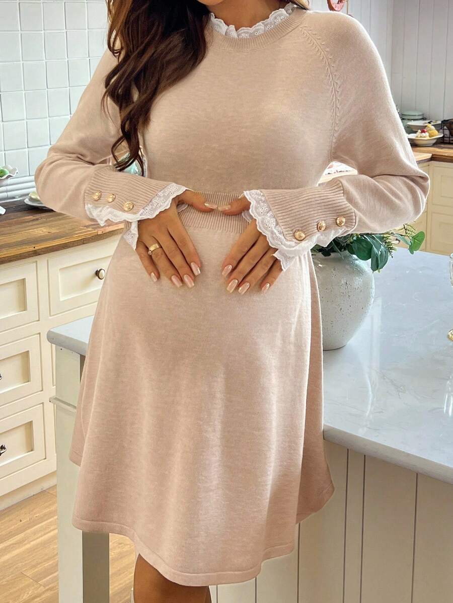 SHEIN 孕妇蕾丝拼布 A 字针织长袖毛衣裙，休闲日常穿着 - 杏色 - 查看 1