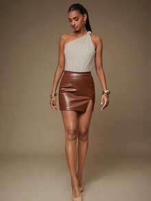 L'Amorae 女式休闲纯色扭纹前部无袖紧身衣，夏季 - 卡其色 - 查看 3