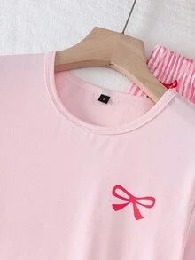 Women's Sweet, Cute, Elegant And Fashionable New Pink Bow Round Neck Short Sleeve Top With Pink Striped Bowknot Casual Comfortable Pants 2-Piece Pajama Set Pajama Sets For Women Pink - Multicolor - View 6