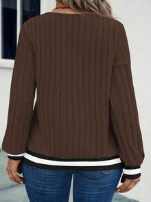 EMERY ROSE 女式加大码V领撞色边柔软加大码罗纹针织运动衫，秋冬 - 咖啡棕 - 查看 2