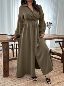 EMERY ROSE Váy thắt nút thường ngày tay dài vai thường cỡ lớn dành cho nữ - xanh quân đội - Xem 3