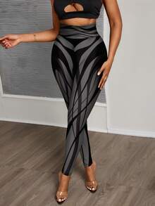 Slaydiva Casual Knit Striped Geometric Pattern High Waist Skinny Women's Long Leggings, Suitable For Spring And Autumn