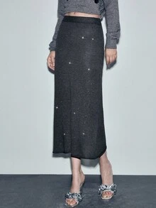 Lumivelle Women's Casual Everyday Commute Sequin Patchwork Slit Straight Knit Skirt, Autumn/Winter - Dark Grey - View 1