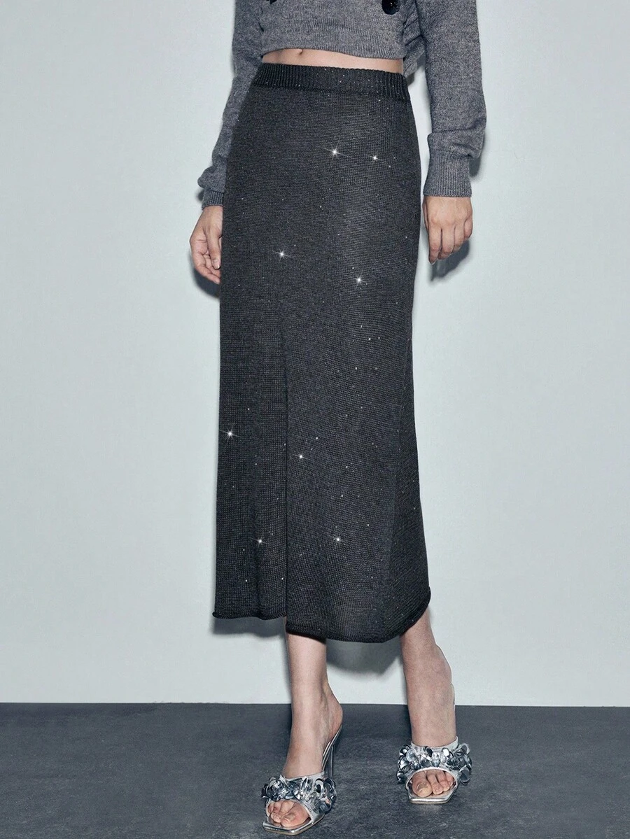 Lumivelle Women's Casual Everyday Commute Sequin Patchwork Slit Straight Knit Skirt, Autumn/Winter - Dark Grey - View 1
