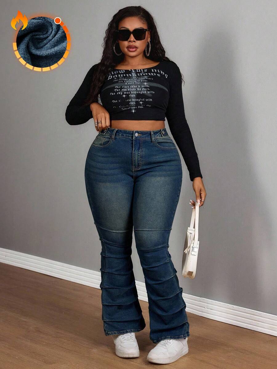 Slaydiva Plus Size Women Elastic Blue Vintage Side Pleated Flare Jeans - Dark Wash - View 1