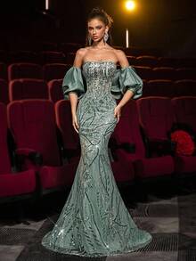 Glamrae Elegantes grau-grünes Luxus 3D-Pailletten-Trägerloses Maxikleid mit hoher Taille und Fischschwanz-Silhouette, mit abnehmbaren Schalärmel, geeignet für alle formellen Anlässe, Abschluss, Hochzeit, Gala-Events