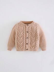 SHEIN 1pc Young Boys Casual Loose Fit Round Neck Pullover Striped Button Front Long Sleeve Comfortable Warm Knitted Sweater, Suitable For Outdoor School, Garden, Beach, Birthday, Baby Shower Party In Autumn/Winter - Khaki - View 5
