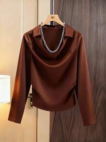 Lyxana Women's Casual Versatile Solid Color Mandarin Collar Top - Brown - View 1