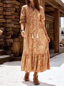 LanaWest 女士波西米亚风印花中袖连衣裙，波西米亚流苏荷叶边半袖系领宽松长款多色荷叶边印花连衣裙，佩斯利花纹宽松长裙，春秋季休闲日常穿着长款女装 - 彩色 - 查看 6