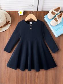 SHEIN Emery Rose Kids 年轻女孩优雅休闲圆领套头开叉设计中长连衣裙，适合上学、日常休闲装、秋冬 - 藏蓝色 - 查看 5