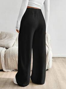SHEIN 孕妇抽绳腰部松紧腰纯色阔腿裤 - 黑色 - 查看 3