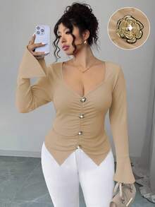 Elenzga Plus Size V-Neck Metal Button Flare Sleeve Fitted T-Shirt - Khaki - View 1