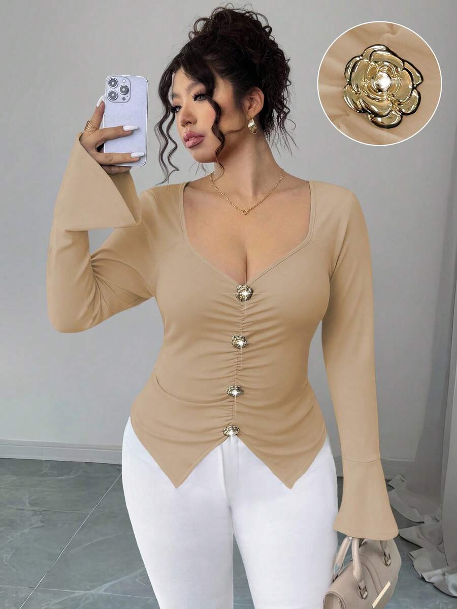 Elenzga Plus Size V-Neck Metal Button Flare Sleeve Fitted T-Shirt - Khaki - View 1