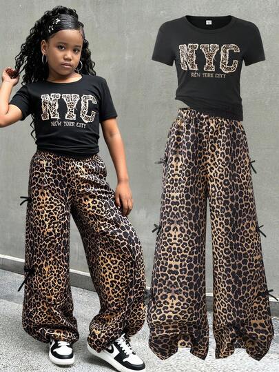 SHEIN Sparklyn 2pcs/Set Teen Girl Retro American Leopard Print Basic Short Sleeve Top And Pants Set, Festival Outfit