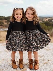 Emery Rose Kids Emery Rose Kids 年轻女孩针织纯色拼布花卉休闲A字连衣裙舒适柔软服装LUNE花卉印花荷叶边下摆连衣裙,法式花卉,仙女裙,田园风 - 黑色 - 查看 10