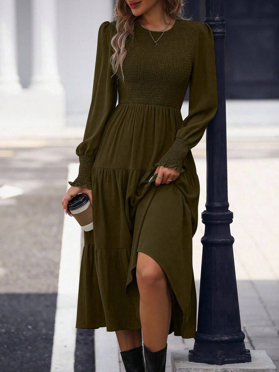 EMERY ROSE 1 件休闲纯色泡泡袖收腰连衣裙，适合秋季勃艮第长裙女装长袖长裙勃艮第连衣裙女装优雅连衣裙长袖 - 橄欖綠 - 查看 1