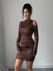 Chiquease Elegant Coffee Brown Bodycon Dress For Women,Autumn Seksi Chic Night Club Ombre Print Knit Cutout Turtleneck Long Sleeve Shiny Metal Dress - Brown - View 6