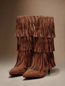 SHUZIA Fashionable Women's Brown Faux Suede Fringe High Heel Bootie Pointed Toe Comfort Fall Winter Holiday Shoe - Brown - View 6