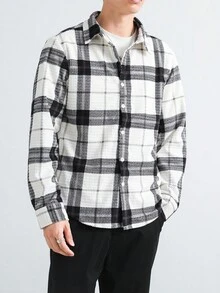 Manfinity Homme 男士灯芯绒格子长袖加厚翻领衬衫，欧式街头风，适合日常休闲、周末旅行、户外活动、探险旅行、轻松的工作环境或半正式场合，也是送给男友/丈夫、周年纪念日的理想礼物，秋冬季必备。 - 黑與白 - 查看 5