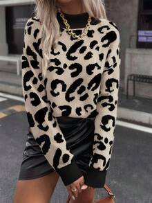 EMERY ROSE 女式豹纹圆领休闲长袖套头毛衣 - 彩色 - 查看 4
