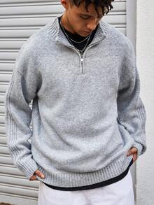 Manfinity CasualKnits Men's Solid Color Half-Zip Dropped Shoulder Long Sleeve Casual Knit Pullover Sweater, For Fall Winter - Grey - View 5