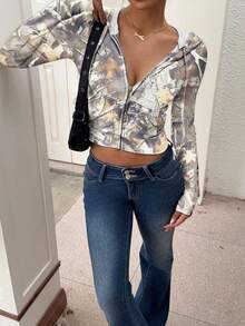 SHEIN EZwear 女式迷彩叶印花复古街头休闲连帽衫，适合毕业、教师、返校秋季套头衫 - 彩色 - 查看 6