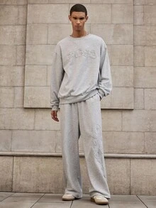 Mainfolk Men's Letter Applique Crew Neck Long Sleeve Sweatshirt And Pants Set, Autumn, For Fall Winter, Cozy Outfits - Light Grey - View 1