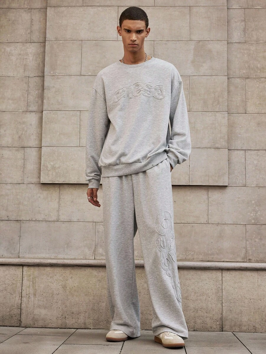 Mainfolk Men's Letter Applique Crew Neck Long Sleeve Sweatshirt And Pants Set, Autumn, For Fall Winter, Cozy Outfits - Light Grey - View 1