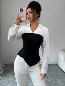 SHEIN Elenzya 女士优雅领口 V 领褶皱纽扣不对称下摆黑白撞色长袖衬衫，适合女性聚会、日常生活、通勤、工作、办公室、秋冬季 - 黑與白 - 查看 3