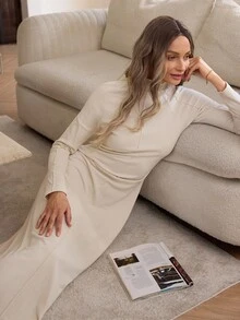 Louniche 女士休闲腰部收紧纯色长袖连衣裙，适合秋冬季户外和室内穿着 - 杏色 - 查看 5