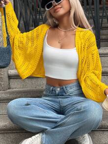 Batwing Sleeve Hollow Out Lightweight Knit Cardigan - Yellow - View 5