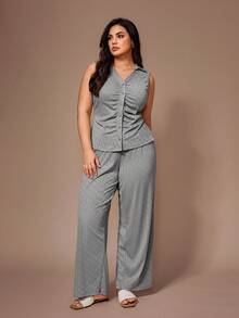 Lazeform Women's Casual Solid Color Jacquard Knit Collared Sleeveless Pleated Cardigan & Pants Plus Size Pajama Set - Grey - View 1