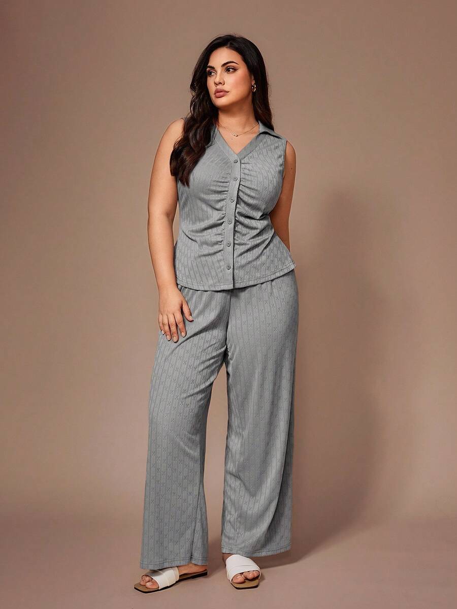 Lazeform Women's Casual Solid Color Jacquard Knit Collared Sleeveless Pleated Cardigan & Pants Plus Size Pajama Set - Grey - View 1
